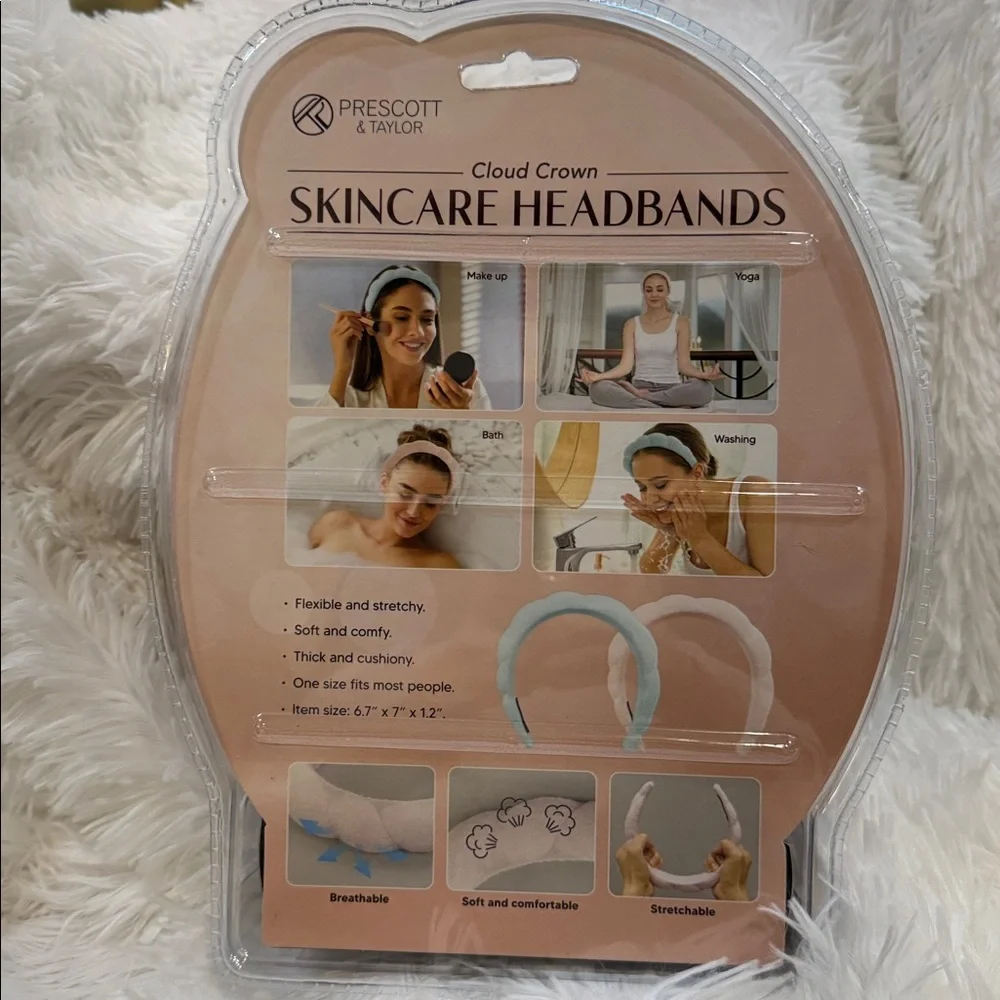 2 Pack Comfortable & Pretty Cloud Crown Skincare Headbands Pink and Blue NWT